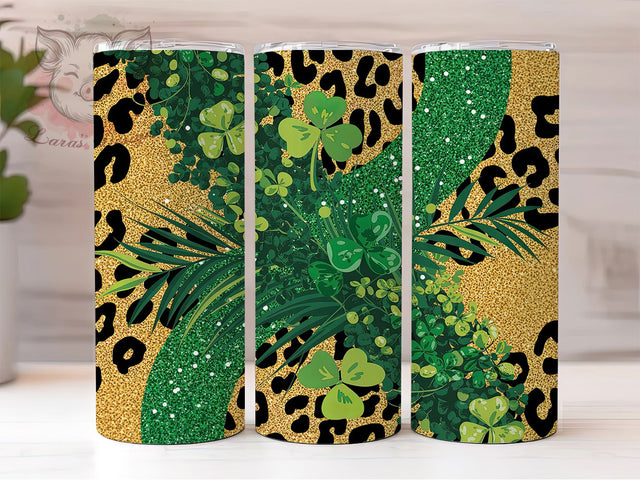 Glitter Animal Print Shamrock Tumbler, Animal Print Tumbler, Stylish 20oz Wrap, Sublimation Design, Trendy Gift Idea, Seamless Clover Wrap, St. Patrick’s Lucky Tumbler Sublimation Lara' s Designs 
