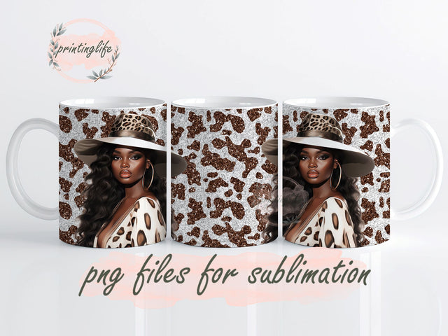Glitter Black Woman Cowgirl Mug Wrap, Cow Animal Print Western Country Afro Girl Sublimation Design, black woman kitchenware, glitter kitchenware, cowgirl lover gift Sublimation PrintingLife 
