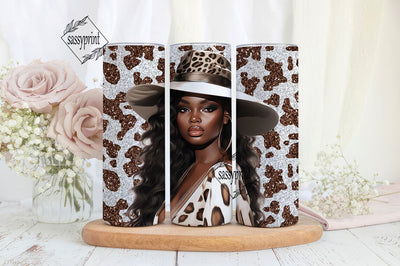 Glitter Black Woman Cowgirl Tumbler Wrap, Cow Animal Print Western Country Afro Girl 20 Oz Skinny Tumbler Sublimation Design Seamless PNG Sublimation sassyprint 