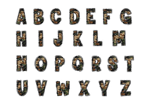 Glitter Camo Alphabet PNG, Sparkle Camouflage Doodle Letters Sublimation BijouBay 