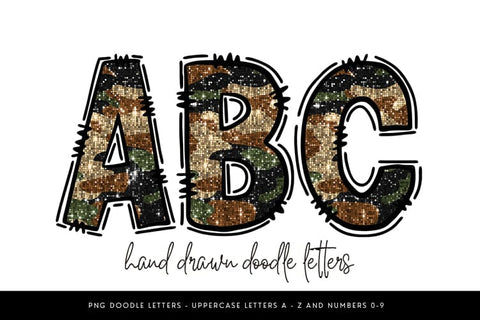 Glitter Camo Alphabet PNG, Sparkle Camouflage Doodle Letters Sublimation BijouBay 