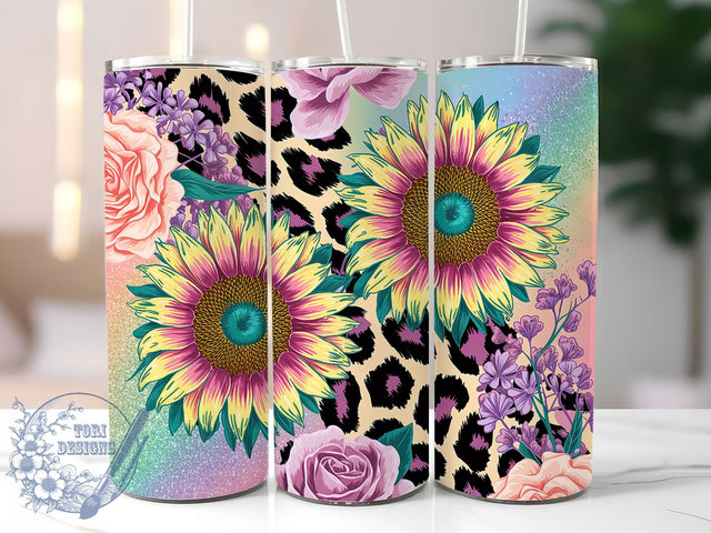 Glitter Cheetah Sunflower Tumbler, Glitter Floral Tumbler, Girly Sunflower Wrap, Bold Cheetah Wrap, Sparkling Floral Wrap, Sublimation Design, Trendy Gift Idea Sublimation ToriDesigns 
