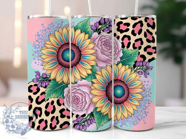 Glitter Cheetah Sunflower Tumbler, Glitter Floral Tumbler, Girly Sunflower Wrap, Bold Cheetah Wrap, Sparkling Floral Wrap, Sublimation Design, Trendy Gift Idea Sublimation ToriDesigns 