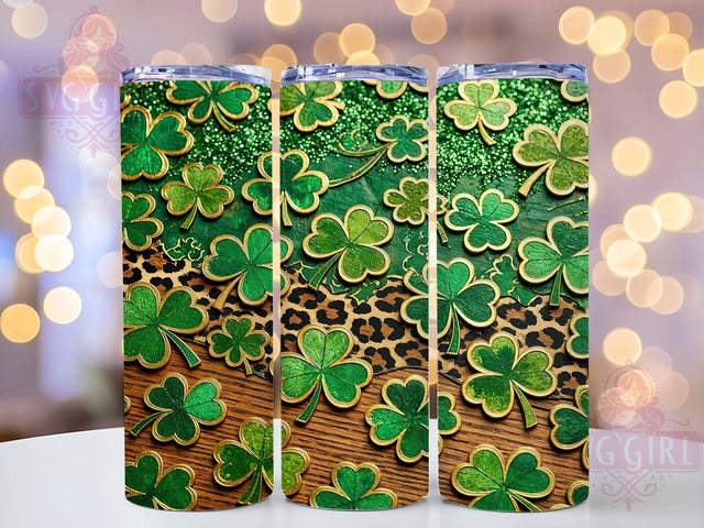 Glitter Clover Leopard 20oz Tumbler Wrap, Glitter Effect, Clover Motif, Leopard Print, Lucky Charm, Bold Style, Skinny Tumbler, Sublimation PNG Sublimation SvggirlplusArt 