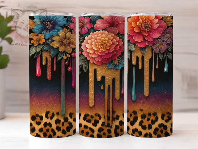 Glitter Drip Leopard Floral Tumbler, Glitter Drip Design, Animal Print Flowers, Fashion Drip Cup, Sparkle Animal Art, Floral Drip Pattern, Glamour Print Design Sublimation Lara' s Designs 