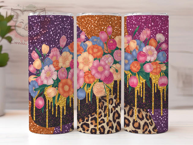 Glitter Drip Leopard Floral Tumbler, Glitter Drip Design, Animal Print Flowers, Fashion Drip Cup, Sparkle Animal Art, Floral Drip Pattern, Glamour Print Design Sublimation Lara' s Designs 