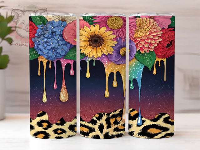 Glitter Drip Leopard Floral Tumbler, Glitter Drip Design, Animal Print Flowers, Fashion Drip Cup, Sparkle Animal Art, Floral Drip Pattern, Glamour Print Design Sublimation Lara' s Designs 