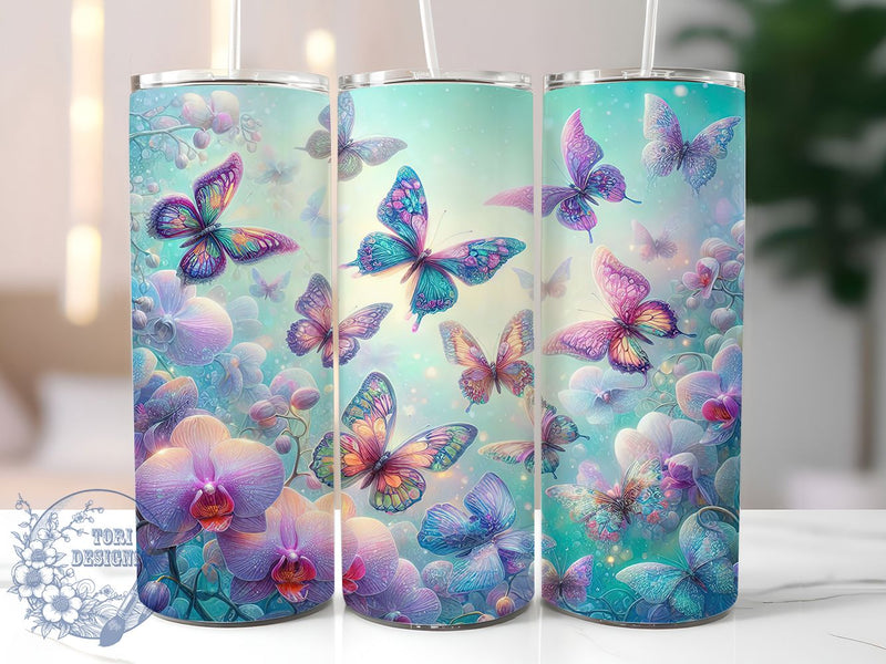 Glitter Floral Butterfly Tumbler, Glitter Design, Nature Theme, Elegant Style, Vibrant Pattern, 20Oz Tumbler, Sublimation Wrap Sublimation ToriDesigns 