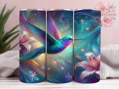 Glitter Floral Hummingbird Tumbler, Blue Flowers Wrap, Sparkle Bird Cup, 20oz Sublimation Wrap, Stylish Floral Bird Tumbler, Artistic Glitter Hummingbird Cup, Nature Flower Theme Wrap Sublimation Li Zamperini 