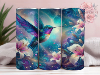Glitter Floral Hummingbird Tumbler, Blue Flowers Wrap, Sparkle Bird Cup, 20oz Sublimation Wrap, Stylish Floral Bird Tumbler, Artistic Glitter Hummingbird Cup, Nature Flower Theme Wrap Sublimation Li Zamperini 