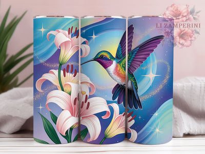 Glitter Floral Hummingbird Tumbler, Blue Flowers Wrap, Sparkle Bird Cup, 20oz Sublimation Wrap, Stylish Floral Bird Tumbler, Artistic Glitter Hummingbird Cup, Nature Flower Theme Wrap Sublimation Li Zamperini 