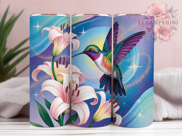 Glitter Floral Hummingbird Tumbler, Blue Flowers Wrap, Sparkle Bird Cup, 20oz Sublimation Wrap, Stylish Floral Bird Tumbler, Artistic Glitter Hummingbird Cup, Nature Flower Theme Wrap Sublimation Li Zamperini 