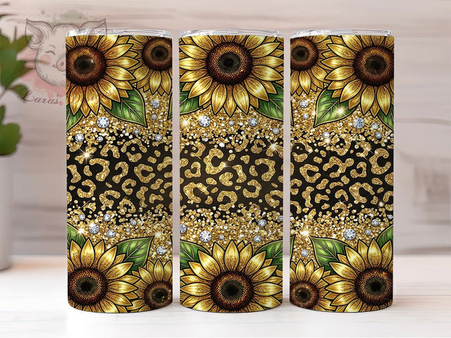 Glitter Gold Sunflower Leopard 20oz Tumbler, Glitter Gold Sunflower, Gold Sunflower Leopard, Sunflower Leopard, Leopard Tumbler, 20oz Tumbler, Glitter Tumbler, Tumbler Wrap Sublimation Lara' s Designs 