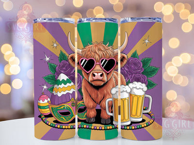 Glitter Highland Cow Mardi Gras Tumbler, Glitter Party Wrap, Carnival Celebration Cup, 20oz Sublimation Wrap, Festive Cow Design Tumbler, New Orleans Mardi Gras Cup, Colorful Glitter Cow Wrap Sublimation SvggirlplusArt 