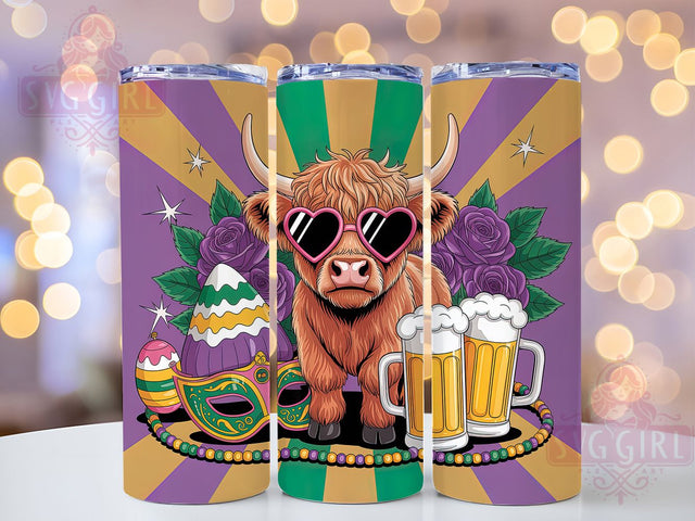 Glitter Highland Cow Mardi Gras Tumbler, Glitter Party Wrap, Carnival Celebration Cup, 20oz Sublimation Wrap, Festive Cow Design Tumbler, New Orleans Mardi Gras Cup, Colorful Glitter Cow Wrap Sublimation SvggirlplusArt 