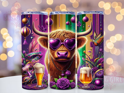 Glitter Highland Cow Mardi Gras Tumbler, Glitter Party Wrap, Carnival Celebration Cup, 20oz Sublimation Wrap, Festive Cow Design Tumbler, New Orleans Mardi Gras Cup, Colorful Glitter Cow Wrap Sublimation SvggirlplusArt 
