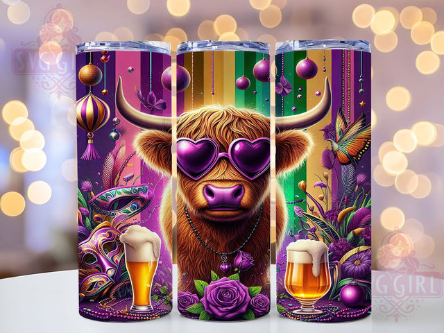 Glitter Highland Cow Mardi Gras Tumbler, Glitter Party Wrap, Carnival Celebration Cup, 20oz Sublimation Wrap, Festive Cow Design Tumbler, New Orleans Mardi Gras Cup, Colorful Glitter Cow Wrap Sublimation SvggirlplusArt 