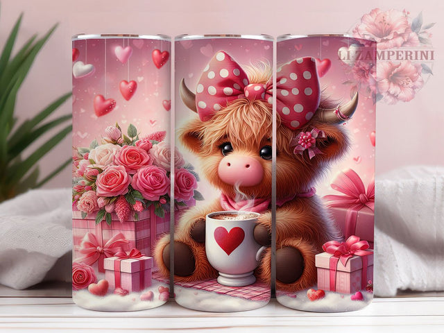 Glitter Highland Cow Valentine Tumbler, Coffee Hearts Wrap, Cute Cow Love Cup, 20oz Sublimation Wrap, Stylish Valentine Design Tumbler, Artistic Glitter Cow Cup, Whimsical Coffee Heart Theme Wrap Sublimation Li Zamperini 