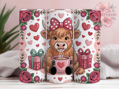 Glitter Highland Cow Valentine Tumbler, Coffee Hearts Wrap, Cute Cow Love Cup, 20oz Sublimation Wrap, Stylish Valentine Design Tumbler, Artistic Glitter Cow Cup, Whimsical Coffee Heart Theme Wrap Sublimation Li Zamperini 