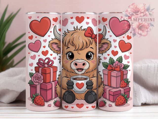 Glitter Highland Cow Valentine Tumbler, Coffee Hearts Wrap, Cute Cow Love Cup, 20oz Sublimation Wrap, Stylish Valentine Design Tumbler, Artistic Glitter Cow Cup, Whimsical Coffee Heart Theme Wrap Sublimation Li Zamperini 