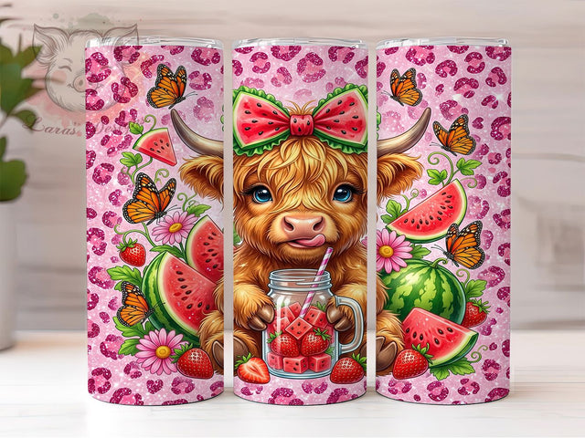Glitter Highland Cow Watermelon 20oz Tumbler, Glitter Highland Cow, Highland Cow Watermelon, Watermelon Tumbler, 20oz Tumbler, Glitter Tumbler, Highland Cow Tumbler, Tumbler Wrap Sublimation Lara' s Designs 