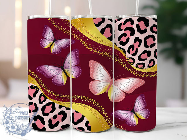 Glitter Leopard Butterfly Tumbler, Leopard Print Pattern, Sparkly Animal Design, 20Oz Sublimation Wrap, Glam Butterfly Art, Shiny Leopard Texture, Tumbler Sublimation Sublimation ToriDesigns 