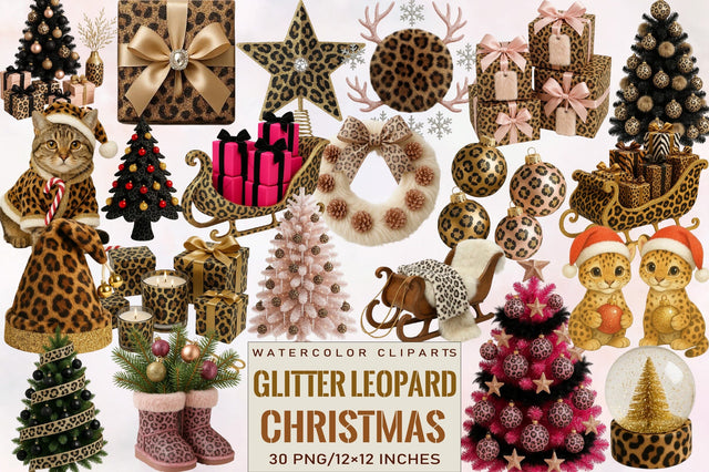 Glitter Leopard Christmas Clipart Bundle. Sublimation SVGArt 