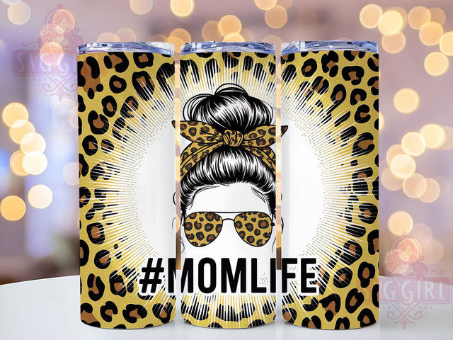 Glitter Leopard Mom Tumbler, Mom Life, Messy Bun, Sublimation Art, 20oz Tumbler, Bold Wrap, Stylish Design Sublimation SvggirlplusArt 