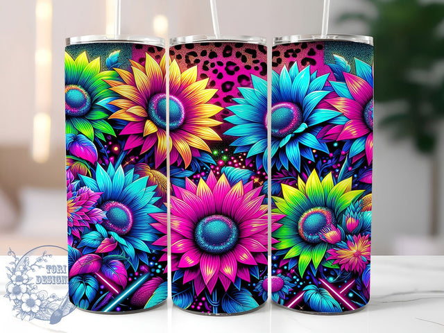 Glitter Leopard Neon Sunflowers 20oz Tumbler, Neon Sunflowers, Bright Petals, Vibrant Design, Wild Aesthetic, Skinny Tumbler, Sublimation PNG Sublimation ToriDesigns 