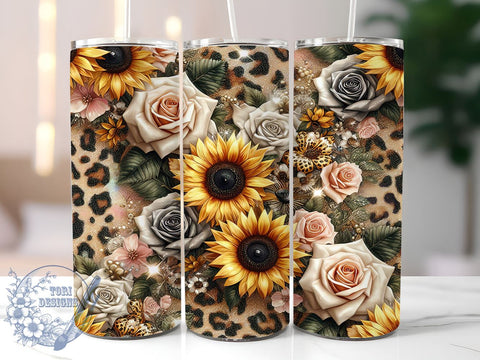 Glitter Leopard Sunflower 20oz Skinny Tumbler, Leopard Floral Tumbler Png, Straight & Tapered Tumbler Wrap, Instant Digital Download Sublimation ToriDesigns 