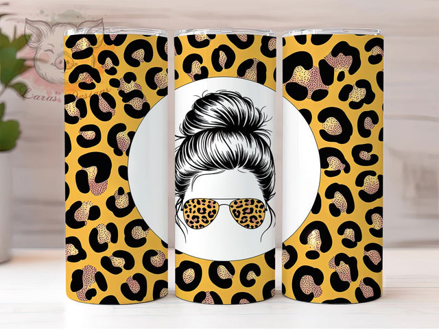 Glitter Leopard Teacher Bun 20oz Tumbler Wrap, Messy Bun, Leopard Print, Teacher Style, Center Design, 20oz Tumbler Wrap, Sublimation PNG Sublimation Lara' s Designs 