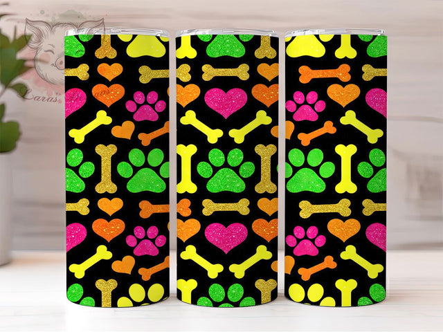 Glitter Paw Prints 20oz Tumbler, Glitter Pattern, Paw Prints, Dog Bones, Heart Motif, Skinny Tumbler, Sublimation PNG Sublimation Lara' s Designs 