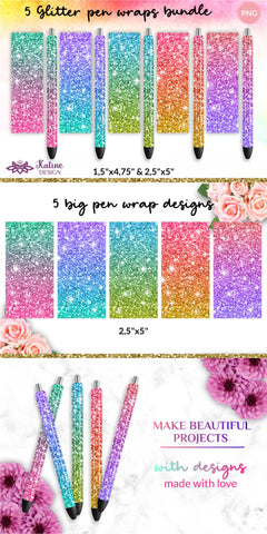 Glitter pen wrap with gradient ombre epoxy pen wrap sublimation designs bundle. Waterslide printing Small and Big. Sublimation KatineDesign 