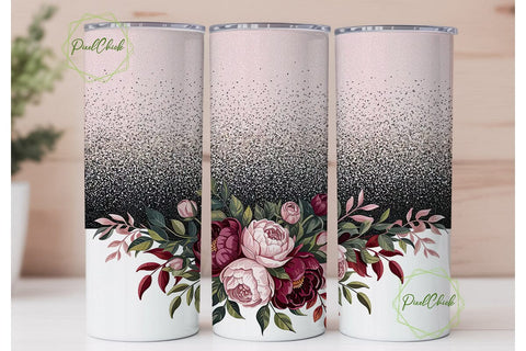 Glitter Pink Floral 20oz Tumbler Wrap Sublimation PixelChick 