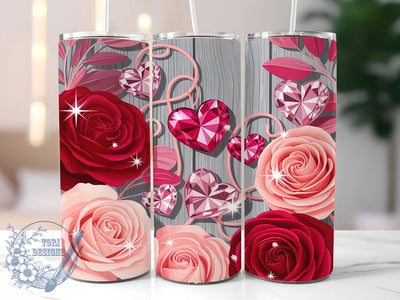 Glitter Rose Valentine Hearts Tumbler, Glitter Floral Pattern, Sparkling Valentine Design, 20Oz Sublimation Wrap, Romantic Rose Art, Elegant Heart Texture, Tumbler Sublimation Sublimation ToriDesigns 