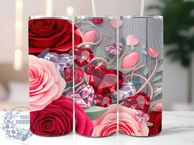 Glitter Rose Valentine Hearts Tumbler, Glitter Floral Pattern, Sparkling Valentine Design, 20Oz Sublimation Wrap, Romantic Rose Art, Elegant Heart Texture, Tumbler Sublimation Sublimation ToriDesigns 