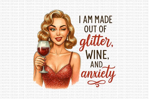 Glitter Wine Anxiety PNG Funny Retro Woman Wine Sublimation Design SVG BillahCrafts 