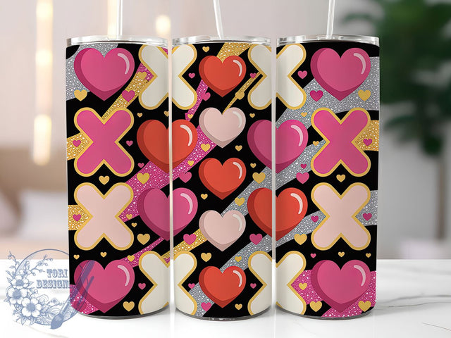 Glitter XOXO Hearts Valentine Tumbler Wrap, Glitter Style, XOXO Hearts, Black Stripes, Romantic Theme, Glam Wrap, Sublimation Design Sublimation ToriDesigns 