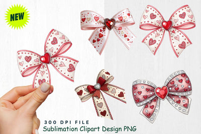 Glittering Heart Ribbon Bow with Red Heart Centerpiece Clipart Sublimation Regulrcrative 