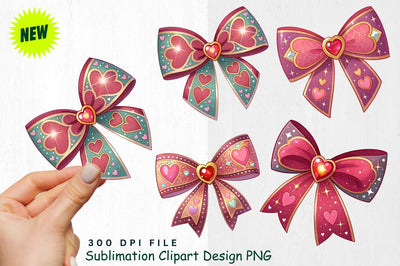 Glittery Heart Bow with Central Gem Clipart Sublimation Regulrcrative 