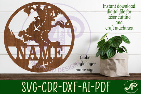 Globe, world map name sign design svg laser cut template SVG APInspireddesigns 