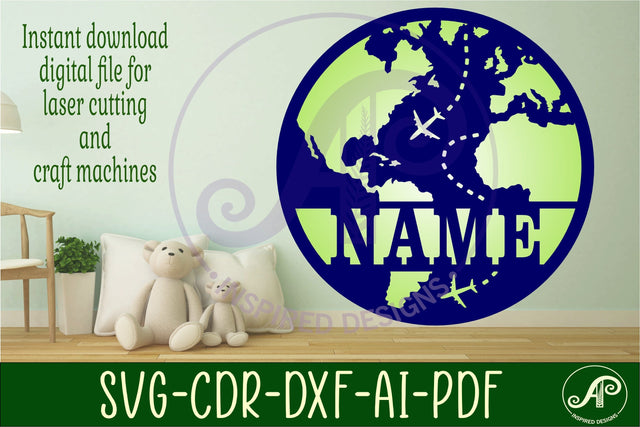 Globe, world map name sign design svg laser cut template SVG APInspireddesigns 