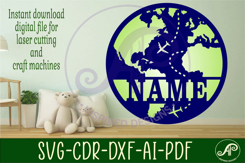 Globe, world map name sign design svg laser cut template SVG APInspireddesigns 