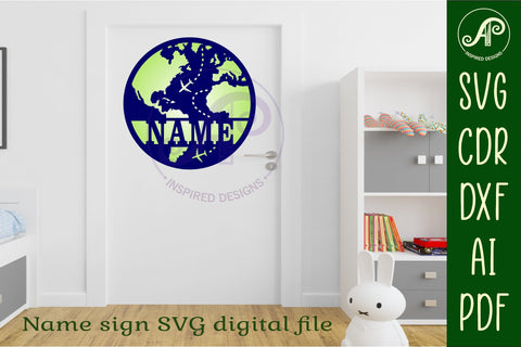 Globe, world map name sign design svg laser cut template SVG APInspireddesigns 