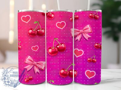 Glossy Cherries Pink Bows 20oz Tumbler, Glossy Cherries, Pink Bows, Sweet Design, Sublimation Wrap, 20oz Tumbler, Whimsical Aesthetic, Playful Charm Sublimation ToriDesigns 