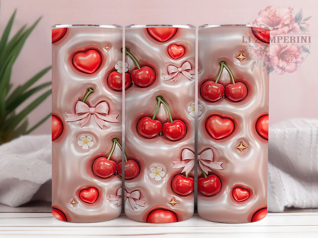 Glossy Cherry Pink Ribbon 20oz Tumbler, Glossy Finish, Cherry Motif, Pink Ribbon, Sublimation Wrap, 20oz Tumbler, Elegant Aesthetic, Chic Charm Sublimation Li Zamperini 