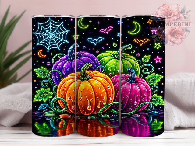 Glossy Neon Pumpkins 20oz Tumbler, Neon Pumpkins, Glossy Style, Halloween Theme, Sublimation Wrap, 20oz Tumbler, Vibrant Aesthetic, Spooky Design Sublimation Li Zamperini 
