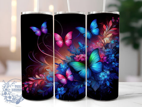 Glowing Butterflies 20oz Skinny Tumbler, Neon Butterfly Tumbler Png, Straight & Tapered Tumbler Wrap, Instant Digital Download Sublimation ToriDesigns 