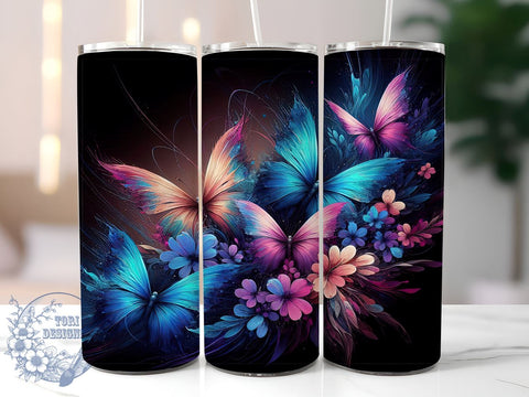 Glowing Butterflies 20oz Skinny Tumbler, Neon Butterfly Tumbler Png, Straight & Tapered Tumbler Wrap, Instant Digital Download Sublimation ToriDesigns 