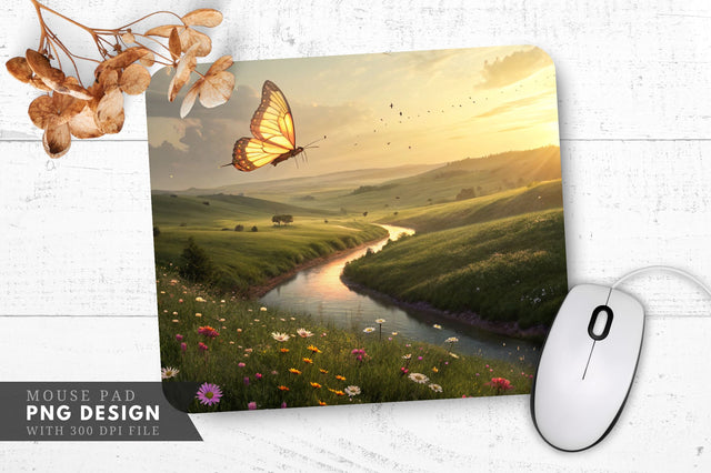 Glowing Butterfly in a Dreamlike Landscape Mouse Pad PNG Design Sublimation Regulrcrative 